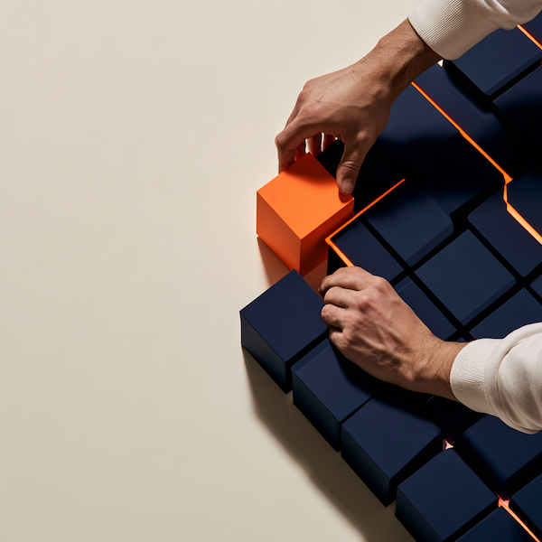 Manos colocando un cubo naranja que completa una estructura de cubos azules